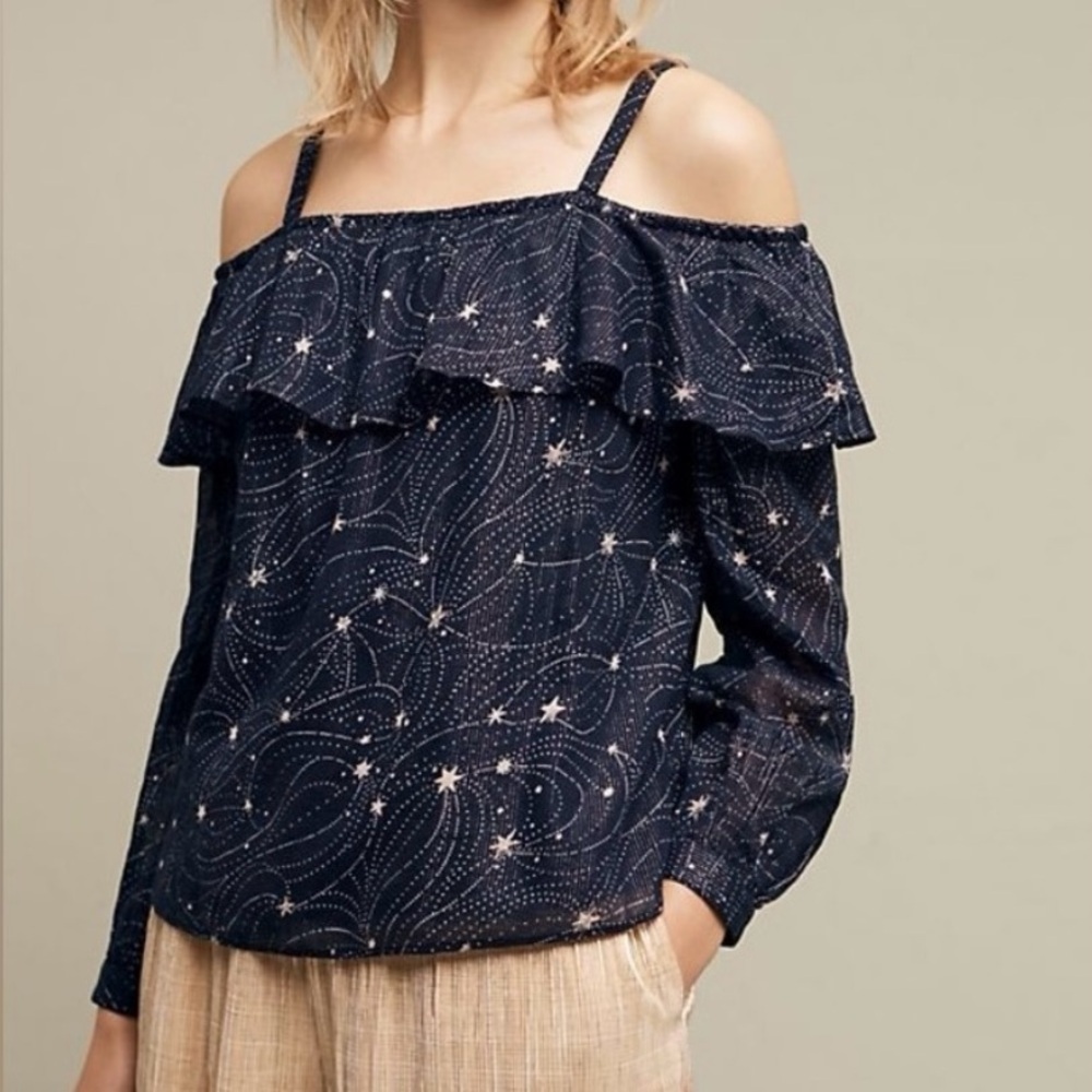 Floreat Anthropologie Navy Star Print Top Size Small Cold Off Shoulder Metallic